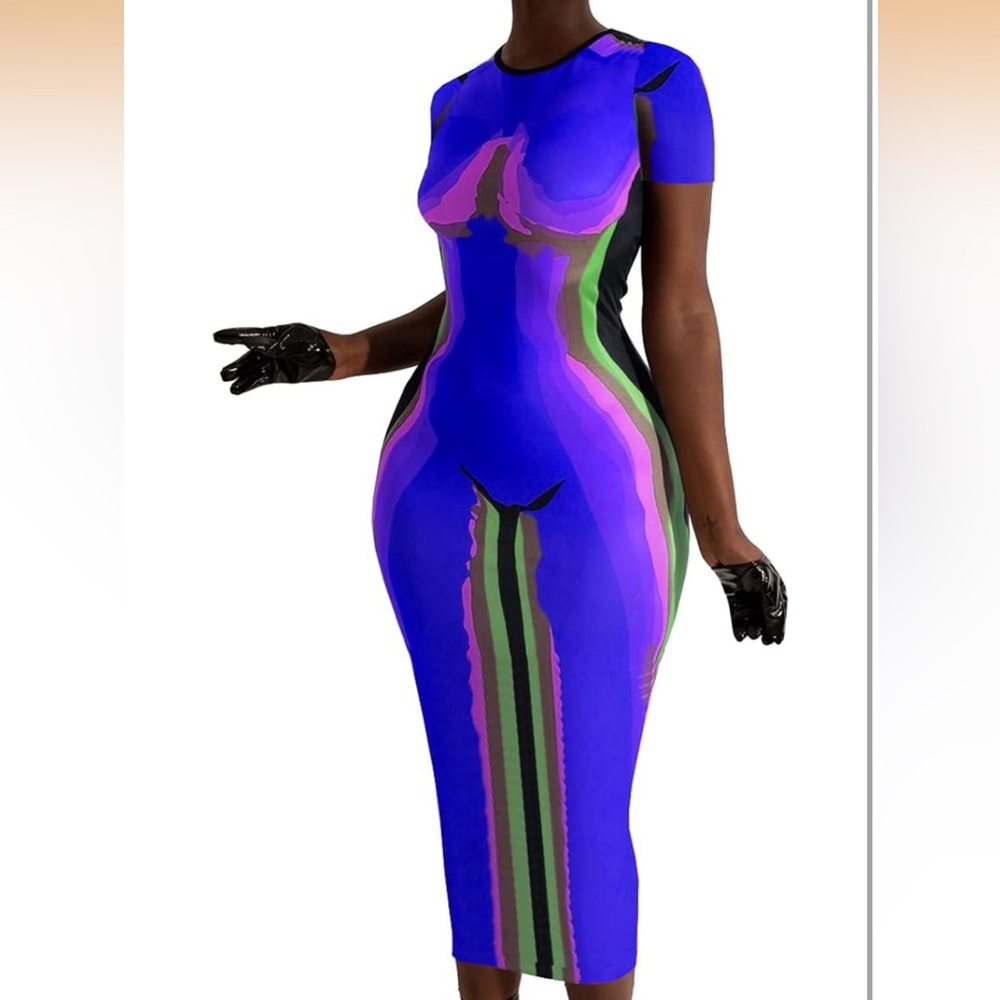 Bold Multicolor Bodycon Midi Dress - Blue, Purple & Green